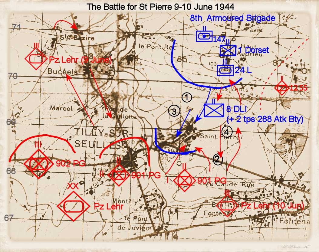Map showing the fighting in the St Pierre area 9-10 June 1944. (1) the attack by 8th DLI supported by 24L 1745-2100 hrs 9th June (2) German counter attack 0615-0800 hrs 10 June (3) Counterattack 0845-1100hrs 10 June.(4) German attack on Pt 103 evening 10 June 