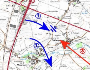 Second Battle of the Scarpe: 24 Apr 1917 15 Brigade RHA action. (1) 50 Div Captures Wancourt Ridge.  (2) 15 Bdee deploys forwards. (3) German Counterattack recaptures Guemappe